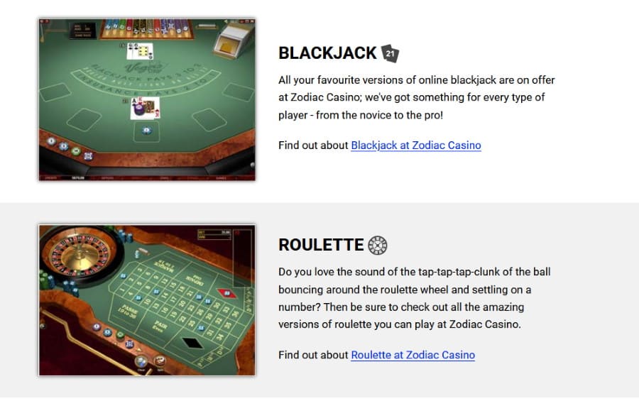 Blackjack, roulette Zodiac Casino